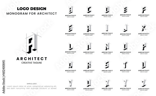 Set of letter A-Z monogram architect logo design for architecture and construction company. Bundel logo initial