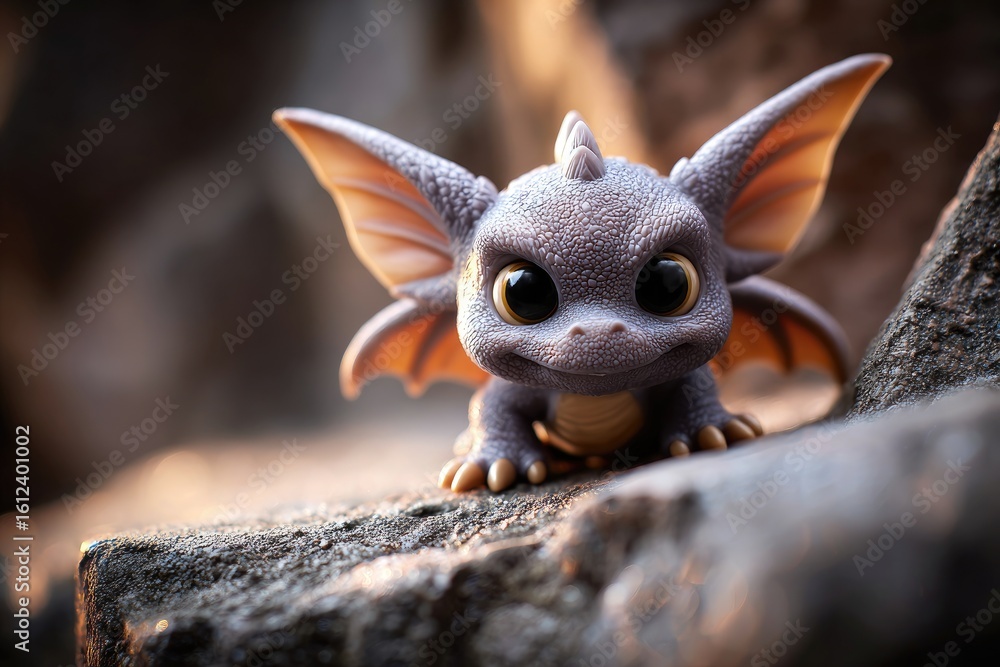 Obraz premium A small, adorable dragon figurine sits atop a stone outcrop.