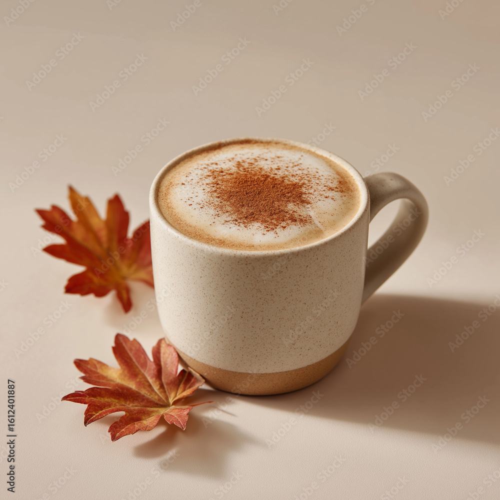 Fototapeta premium cinnamon latte with autumn leaves on neutral background