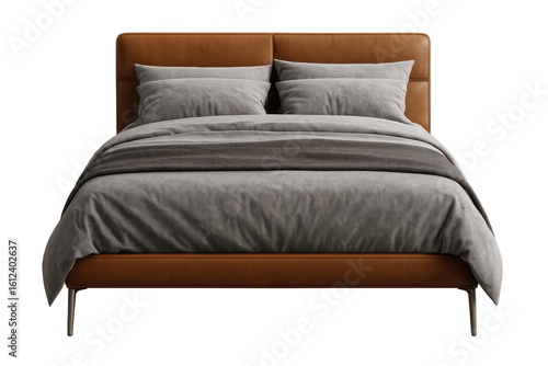 Modern bed with leather headboard and grey bedding on transparent background