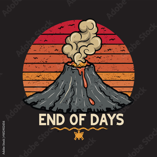 Vector t-shirt design Vintage retro sunset black style design of a cartoon Gibbons A volcano with flames rising from it and Lava is falling from it, text “ end of days"
