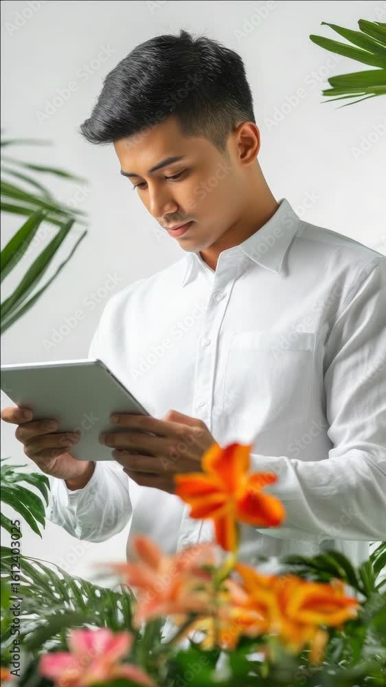 Asian male holding tablet outdoors among greenery and flowers, focusing on screen. Asian male holding tablet outdoors among greenery and flowers, focusing on screen.