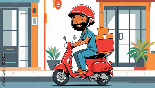 A smiling man on a red scooter providing quick package delivery service in a city street setting. E-commerce logistics concept.
