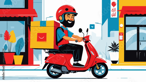 Cheerful courier delivering a package on a red scooter in a vibrant city. Concept of fast urban express delivery service and logistics.