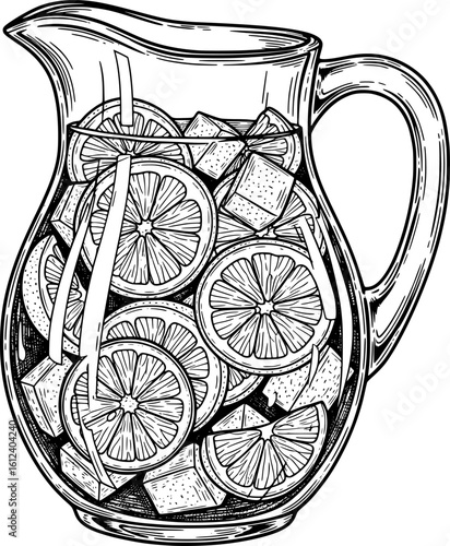 Large pitcher of fruit punch with lemon and orange slices, hand-drawn style