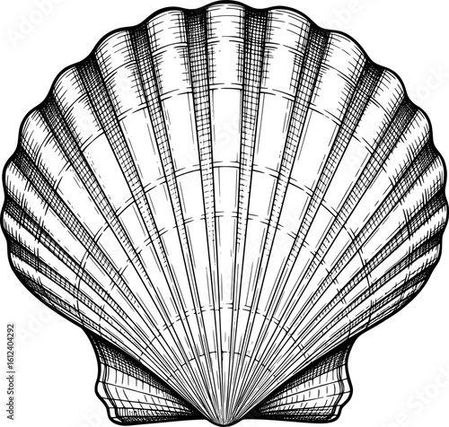 Scallop shell icon with fan-shaped structure, hand-drawn style