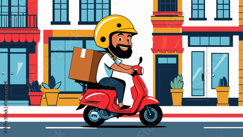 Vector illustration of a smiling delivery man riding a scooter with a parcel. Urban logistics and express shipping concept.