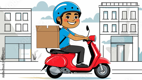 A smiling courier delivering a package on a red scooter in the city. Cartoon vector illustration of a delivery service.