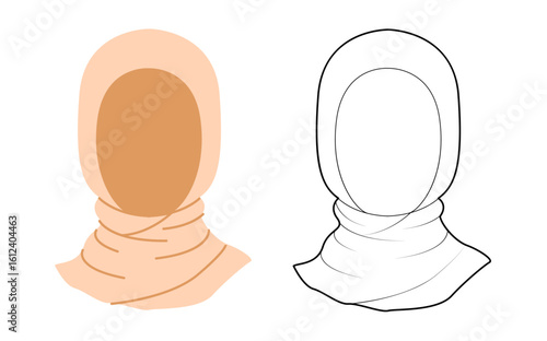 Hijab Hat Scarf. Muslim Head Fashion accessory cap clothing technical illustration. Vector headgear for Men, women, unisex style, flat template CAD mockup sketch outline isolated
