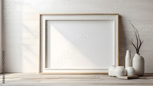 Blank square frame mockup on wooden floor with ceramic vases in minimalist interior design. Empty picture frame for artwork presentation. Concept of modern decor, art, and minimalism.