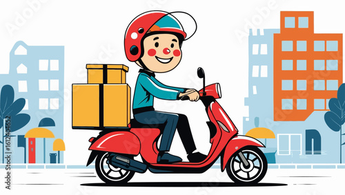 Cheerful courier on a red scooter swiftly delivers packages through a modern city, symbolizing efficient urban logistics, fast e-commerce, and convenient parcel service.