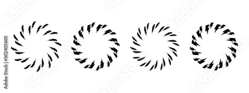 Set of round frames with bolt silhouette print. Circular borders with lightning icons isolated on white background. Shock, energy, power or danger comic design elements. Vector graphic illustration.