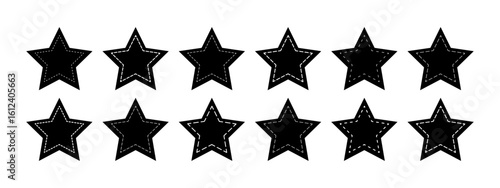 Set of black star shapes with dashed border lines. Dotted geometric starry figures isolated on white background. Cut here pictograms. Vector graphic illustration.