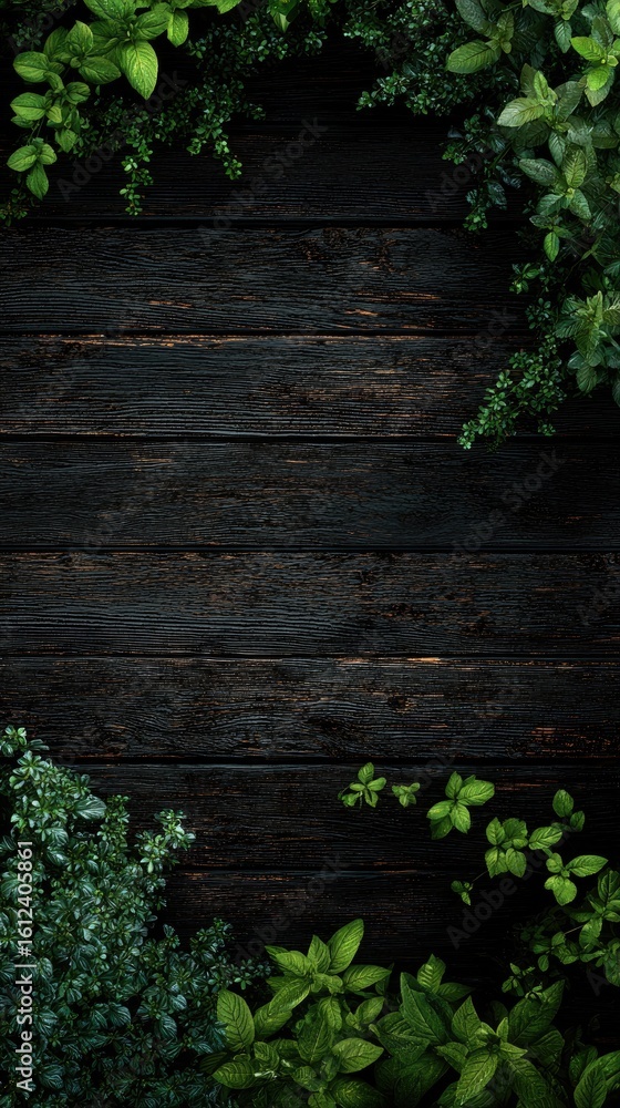 Dark wood planks framed by vibrant greenery Dark wood planks framed by vibrant greenery
