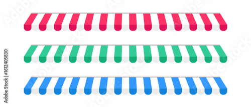 Set of shop awnings. Striped store canopies. Marketplace tents with red, green, blue and white stripes isolated on white background. Cafe facade sunshades. Kiosk umbrellas. Vector illustration.