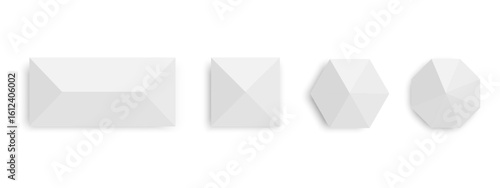 Tents with shadows top view. Gazebo umbrellas in rectangle, square, hexagon and octagon shapes. Beach sunshades. Market canopy mockups isolated on white background. Vector realistic illustration.