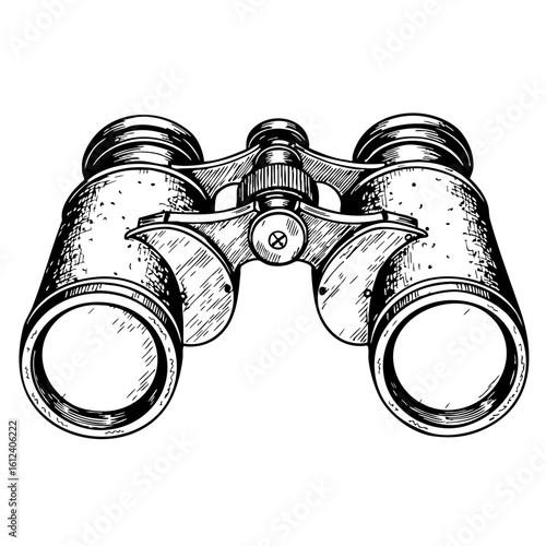 Vintage sketch of binoculars in detailed monochrome illustration  