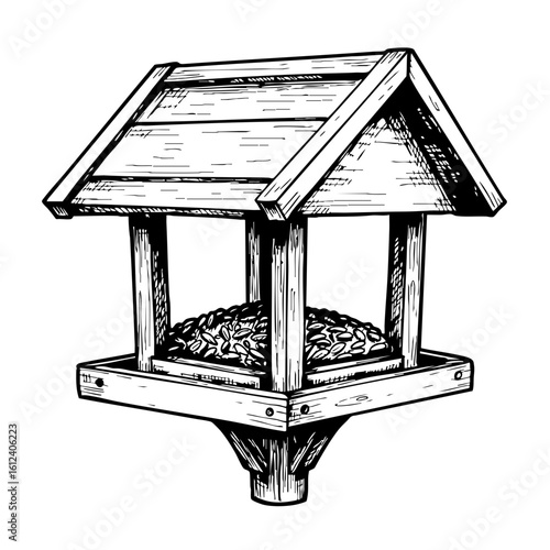 Vintage sketch of a wooden bird feeder with seeds inside  
