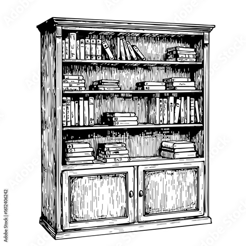 Vintage sketch of a detailed bookshelf filled with books  