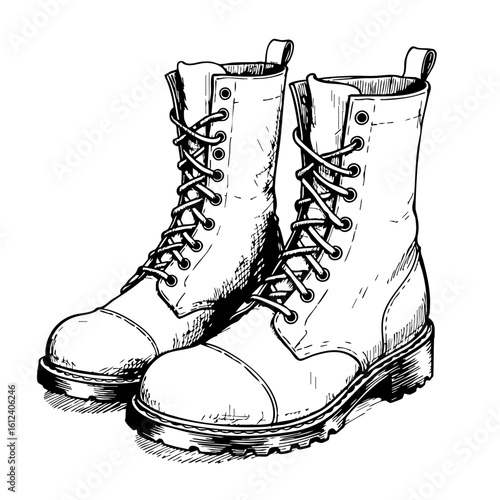 Vintage sketch of military-style lace-up boots  