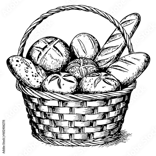 Vintage sketch of a bread basket filled with assorted baked goods  