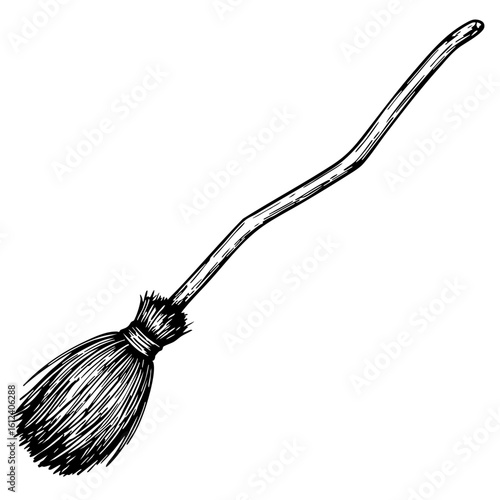 Vintage sketch of a broomstick with a wooden handle  