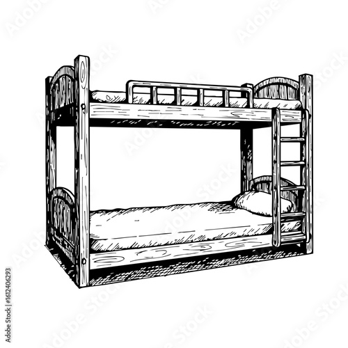 Vintage sketch of a wooden bunk bed with ladder and mattresses  