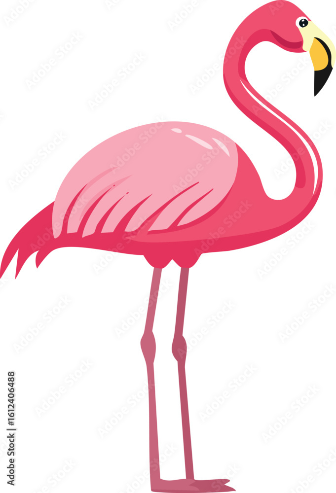 Fototapeta premium A vibrant pink flamingo stands gracefully, showcasing its elegant curved neck and long legs against a white background.