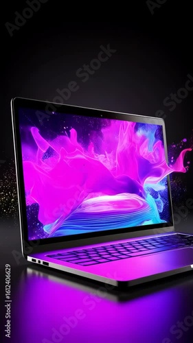 Sleek modern laptop displaying colorful abstract vaporwave graphic on screen against a dark background, keyboard lit with blue tint.