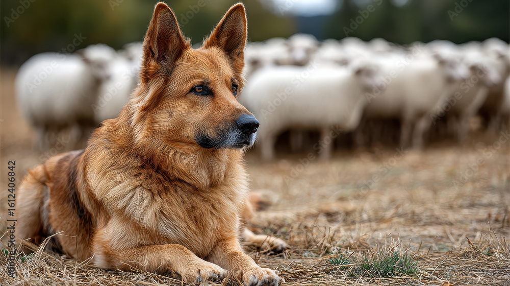 Naklejka premium Alert german shepherd guarding flock of sheep in open field, showcasing herding instincts and rural harmony with nature and livestock