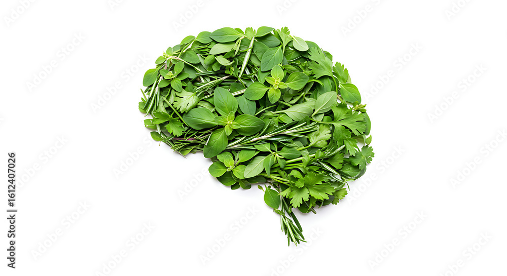 Fototapeta premium Brain composed of fresh herbs representing healthy eating, wellness, and natural remedies