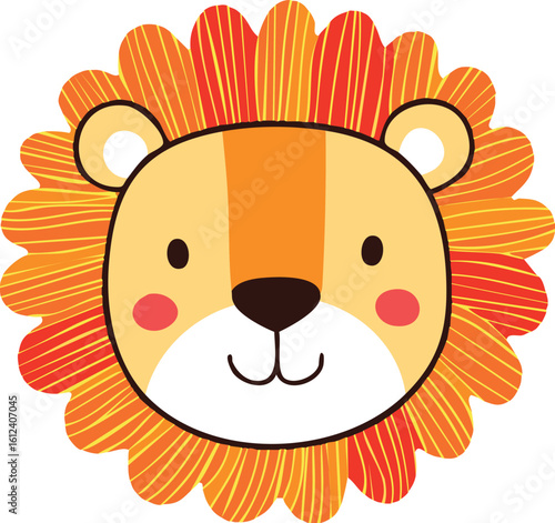 Cute cartoon lion head, stylized design, cheerful expression.