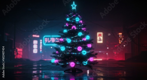 Neon Christmas tree in a city street