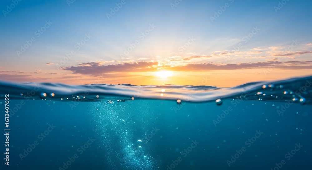 Fototapeta premium Underwater Horizon: a tranquil shot, showcasing the breathtaking dance of light. Where the sky and ocean meet in a mesmerizing dance of color, featuring stunning clarity.