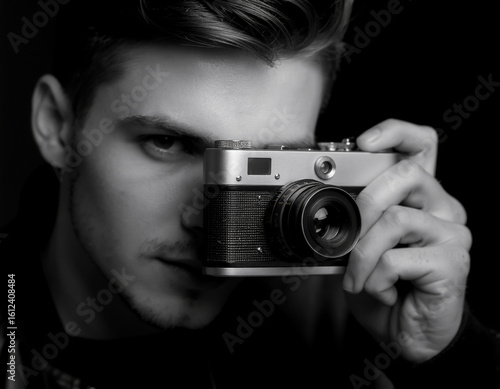 Hombre sosteniendo una cámara antigua