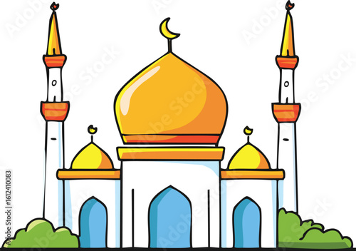 A cheerful cartoon illustration of a mosque, featuring a central dome, two minarets, and lush green shrubbery.