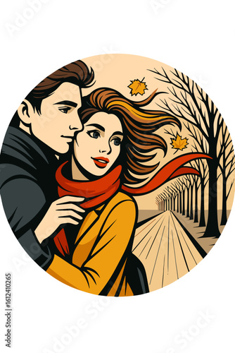 Romantic couple embracing in autumn park in vector style, warm fall colors, love and seasonal mood concept