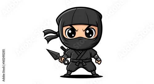 Chibi ninja in black suit holding a kunai, white background, kids comic style