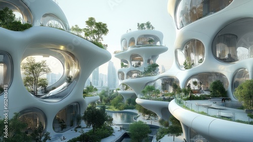visionary metropolis integrating organic forms and verdant landscapes within futuristic architectural designs embodying sustainable urban living and serene environments
