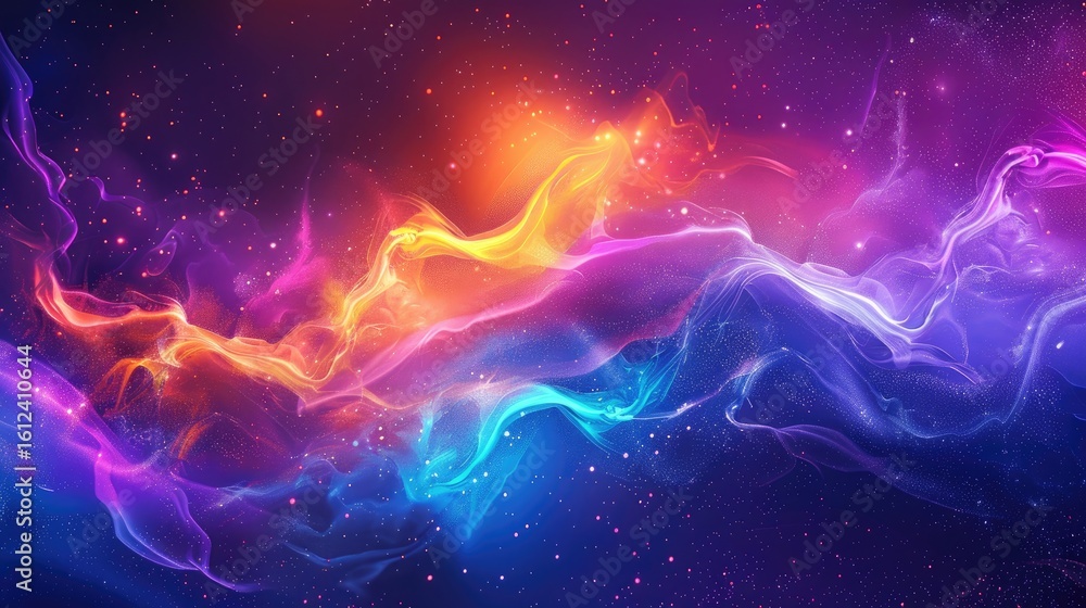 Fototapeta premium Abstract cosmic nebula with vibrant, swirling, multicolored gaseous clouds and a starry backdrop