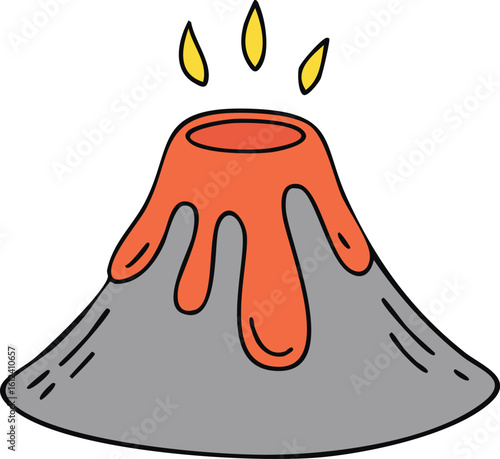 Cartoon illustration of a volcano erupting with lava and flames.