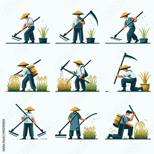 image of farmers harvesting rice using a sickle with a simple and minimalist flat design using a white background