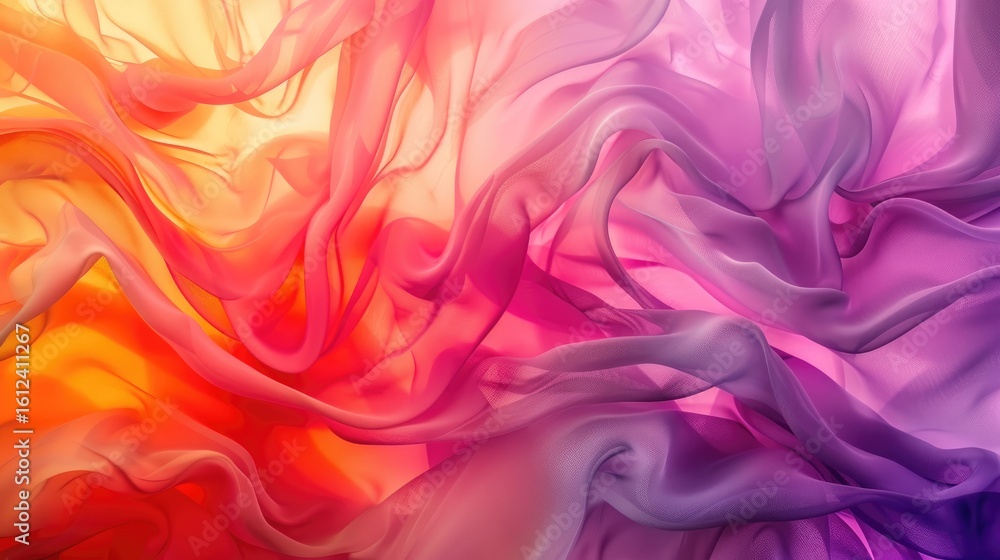 Obraz premium Abstract image of flowing, translucent fabric in vibrant hues of orange, pink, and purple, creating a wave-like, ethereal effect