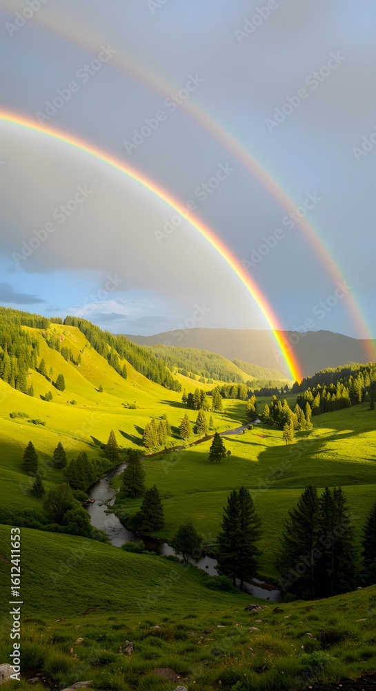 Fototapeta premium Rainbow arching over a valley after rain