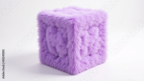 A fluffy purple cube on a white surface, studio shot