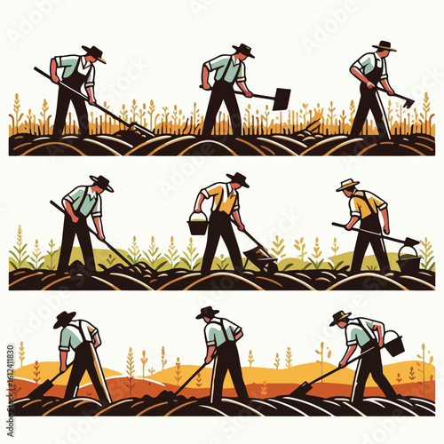 image of farmer hoeing the soil in the field with a simple and minimalist flat design using a white background