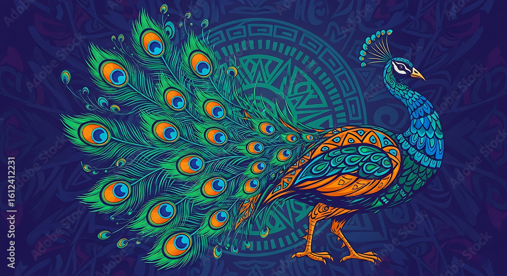 Fototapeta premium A detailed illustration of a peacock with intricate patterns and vibrant colors, set against a patterned background.