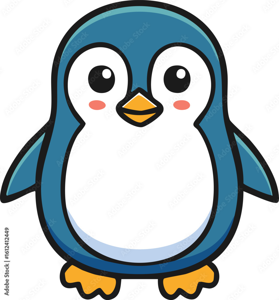 Obraz premium Cartoon illustration of a cute, blue and white penguin with a yellow beak and feet, standing upright.