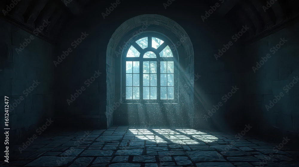 Fototapeta premium Arched window with sunlight streaming into a dark stone room illuminating dust particles and