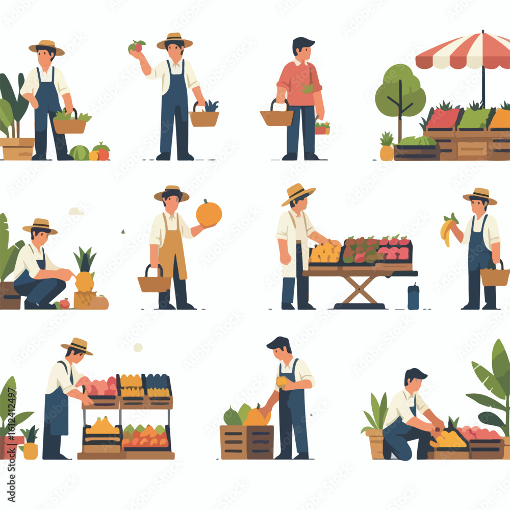Obraz premium image of farmers carrying fruit to the market with a simple and minimalist flat design using a white background